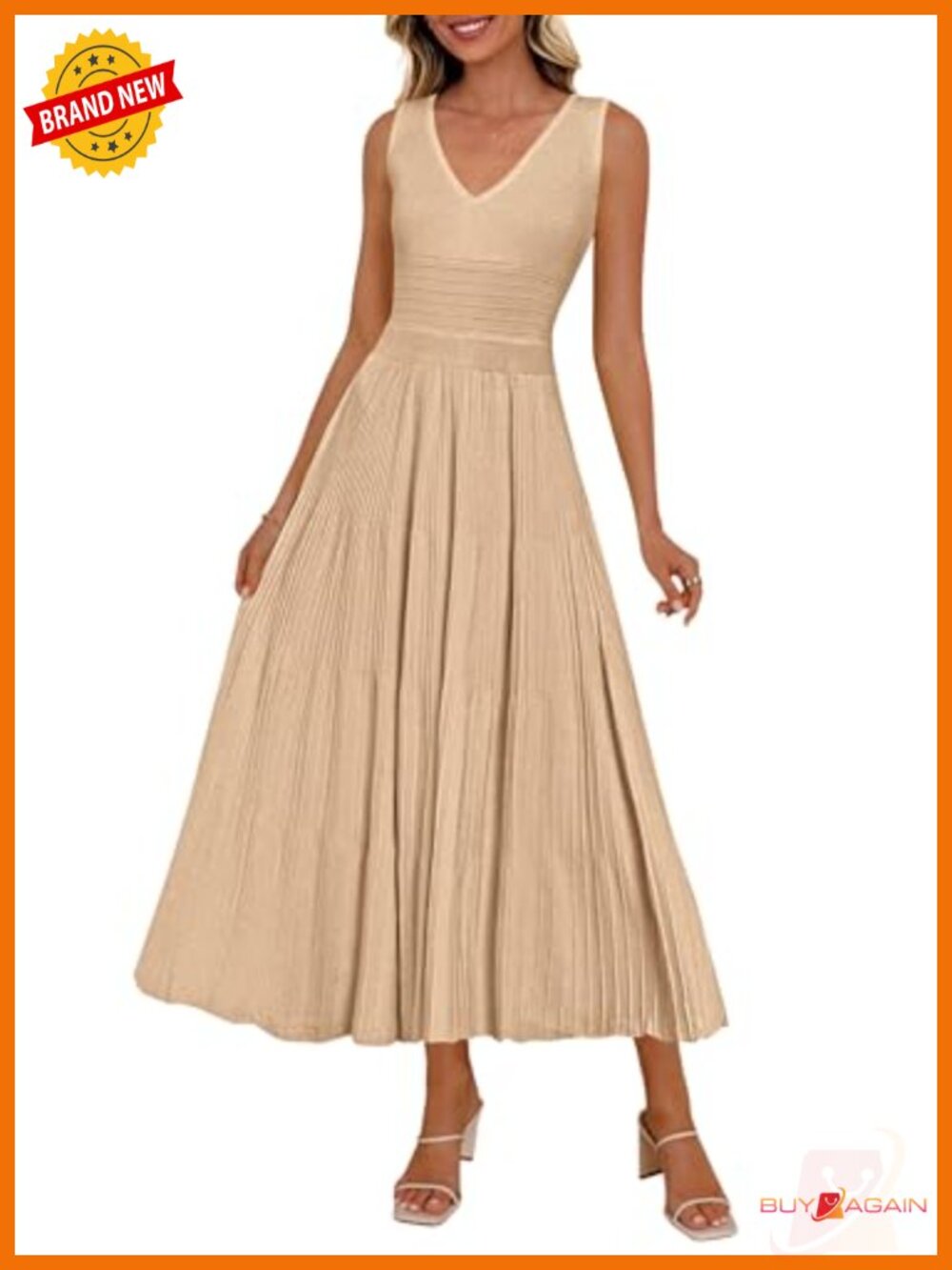 Women's V Neck Pleated Midi Dress Sleeveless A-Line Cocktail Work